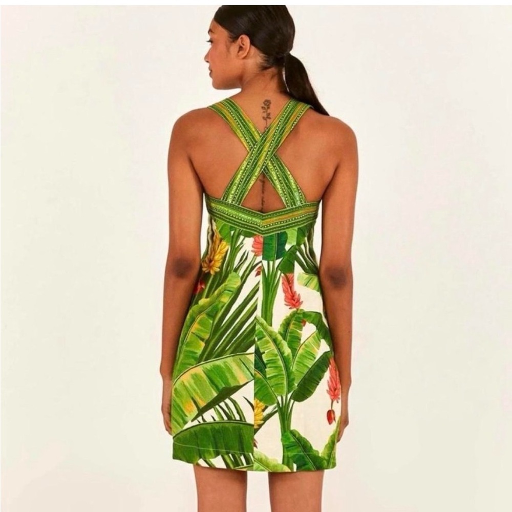 FARM Rio Green Tropical Print Linen Mini Dress - Picture 2 of 13